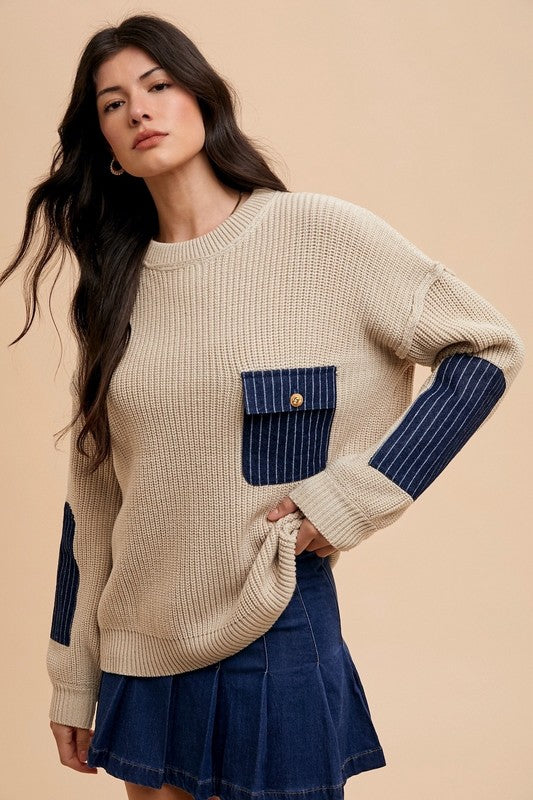 Annie Wear Contrast Round Neck Drop Shoulder Sweater with Patch Pocket