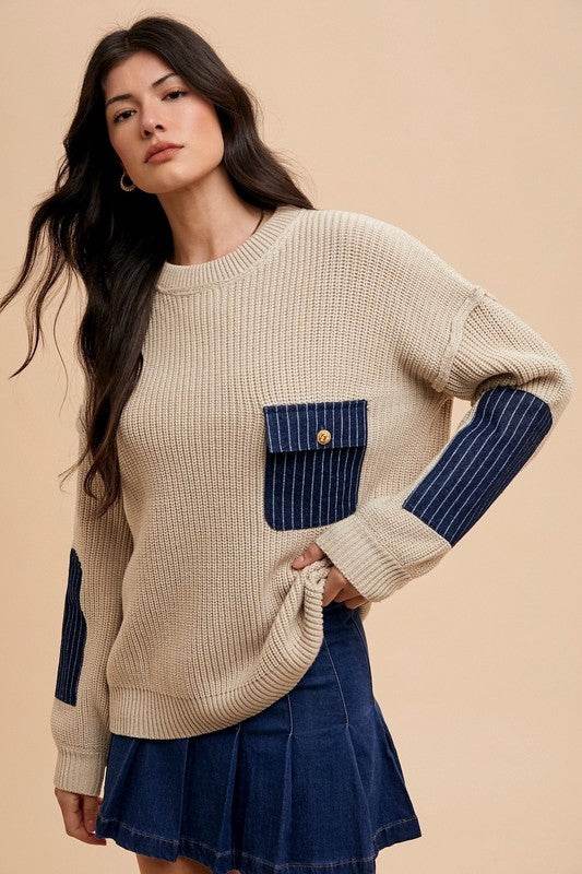 Annie Wear Contrast Round Neck Drop Shoulder Sweater with Patch Pocket - Amexza