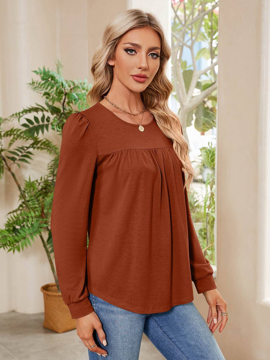 Ruched Round Neck Long Sleeve Blouse for a perfect OOTD – dress to impress outfits from Amexza