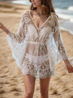 Lace V-Neck Three-Quarter Sleeve Cover Up White One Size for a perfect OOTD – dress to impress outfits from Amexza