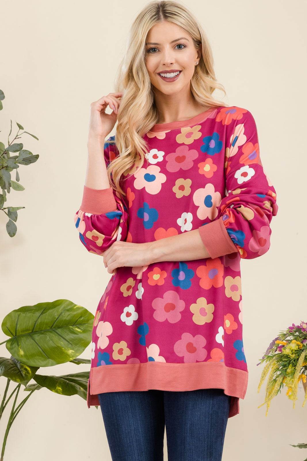 Celeste Full Size Side Slit Flower Print Long Sleeve Top for a perfect OOTD – dress to impress outfits from Amexza