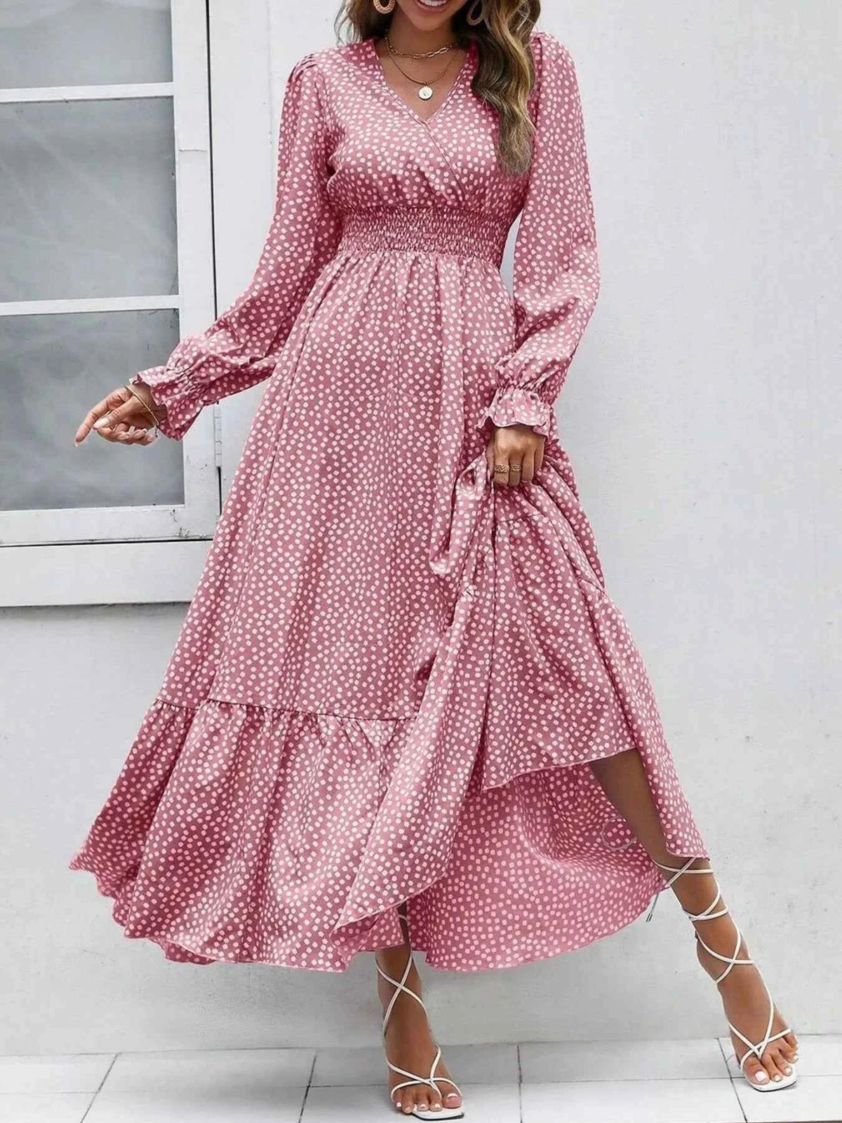 Smocked Waist Polka Dot Long Sleeve Maxi Dress
