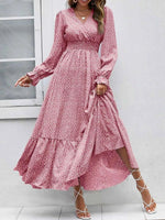 Smocked Waist Polka Dot Long Sleeve Maxi Dress