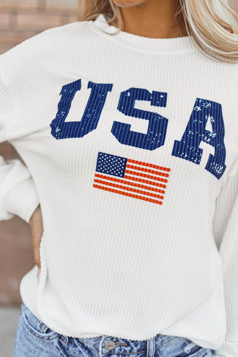 US Flag Corded Long Sleeve Sweatshirt for a perfect OOTD – dress to impress outfits from Amexza