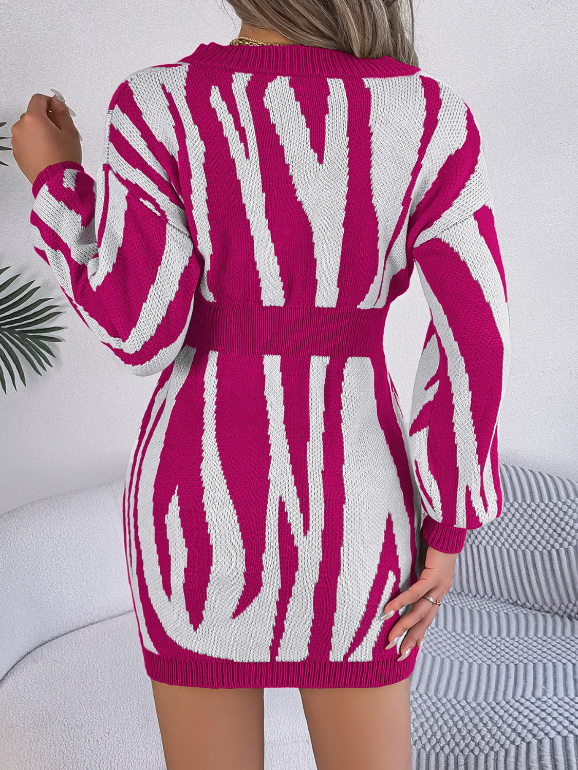 Animal Print V-Neck Long Sleeve Sweater Dress for a perfect OOTD – dress to impress outfits from Amexza