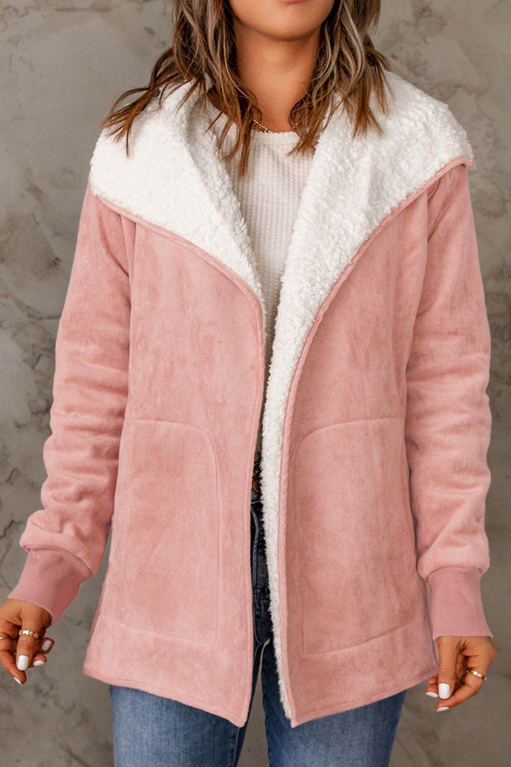 Open Front Long Sleeve Sherpa Jacket Blush Pink for a perfect OOTD – dress to impress outfits from Amexza