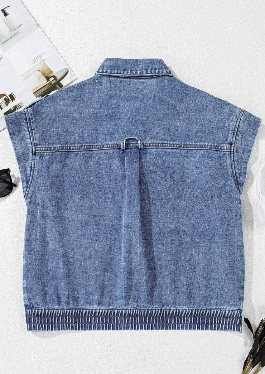 Button Up Cap Sleeve Denim Jacket - Amexza