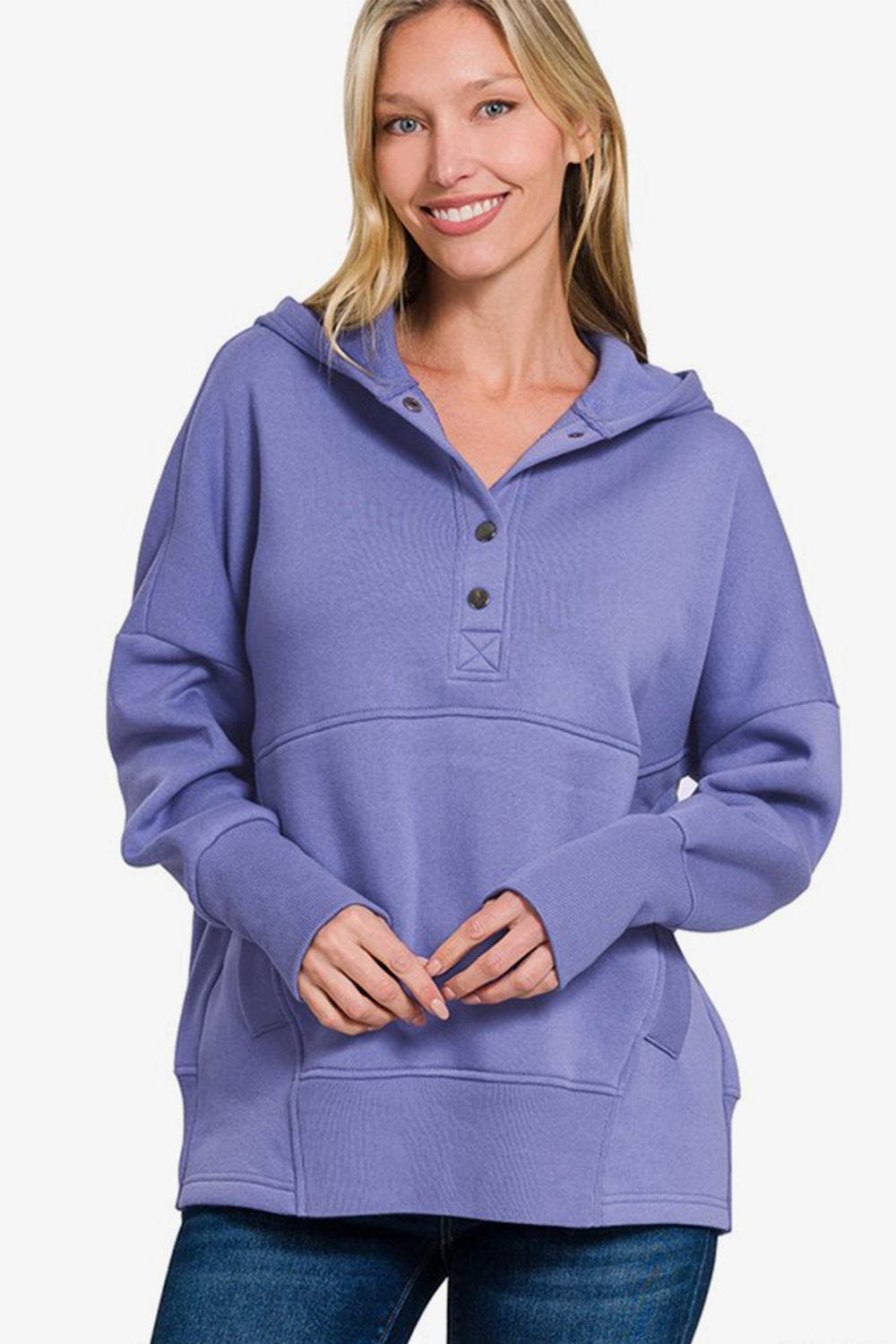 Zenana Half Snap Long Sleeve Hoodie with Kangaroo Pocket Blue Purple for a perfect OOTD – dress to impress outfits from Amexza