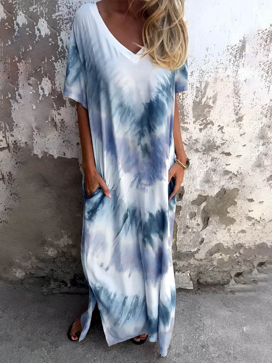 Full Size Pocketed Tie-Dye Short Sleeve Dress - Amexza