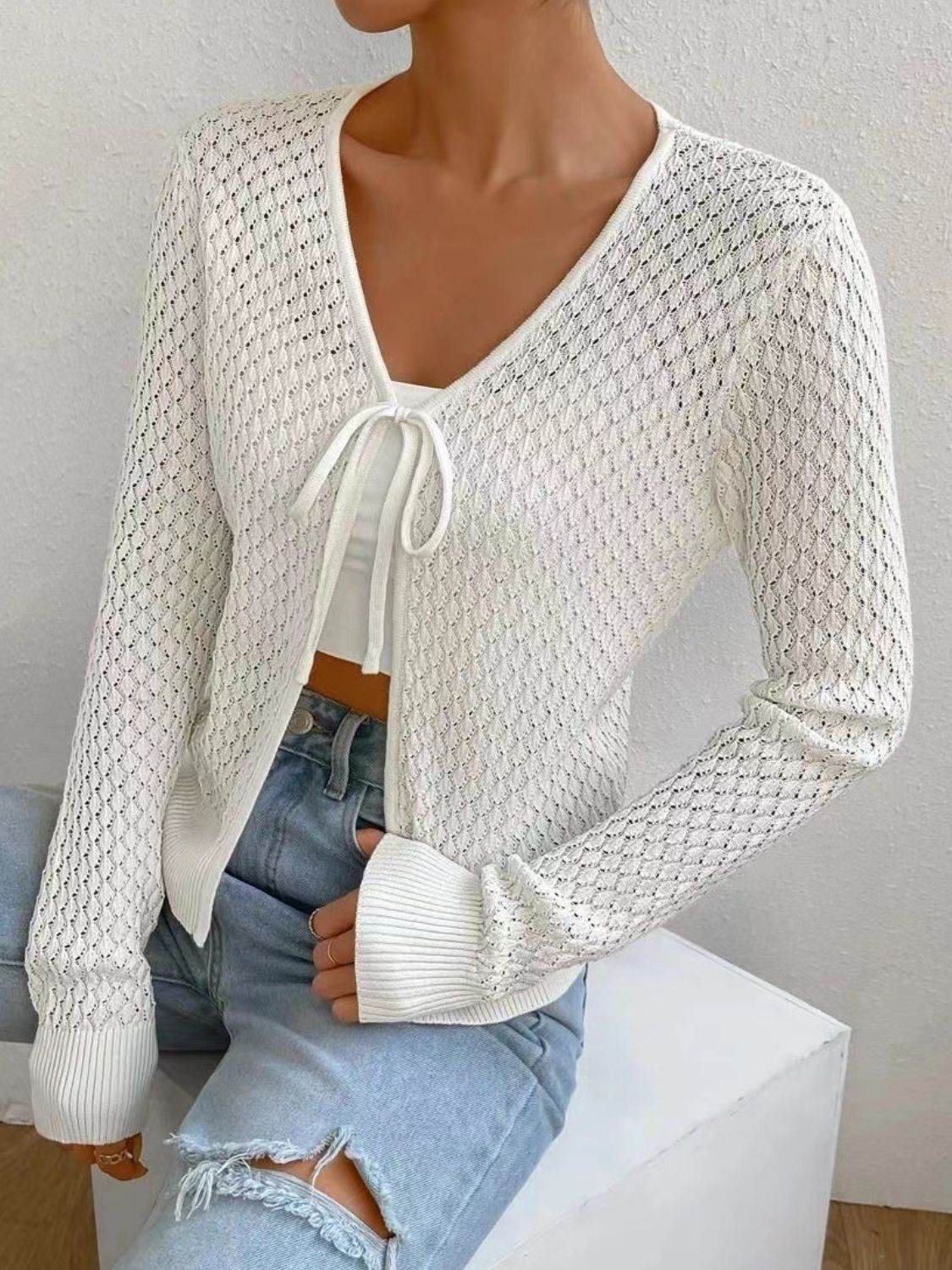 Tied Openwork V-Neck Long Sleeve Cardigan - Amexza