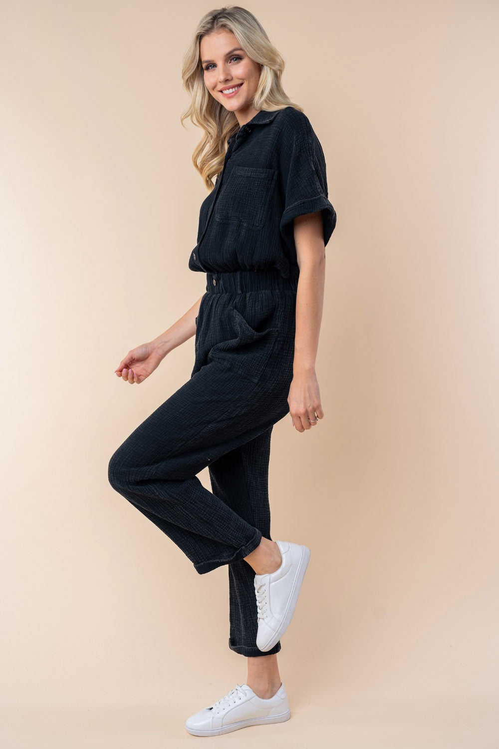 White Birch Texture Short Sleeve Jumpsuit for a perfect OOTD – dress to impress outfits from Amexza