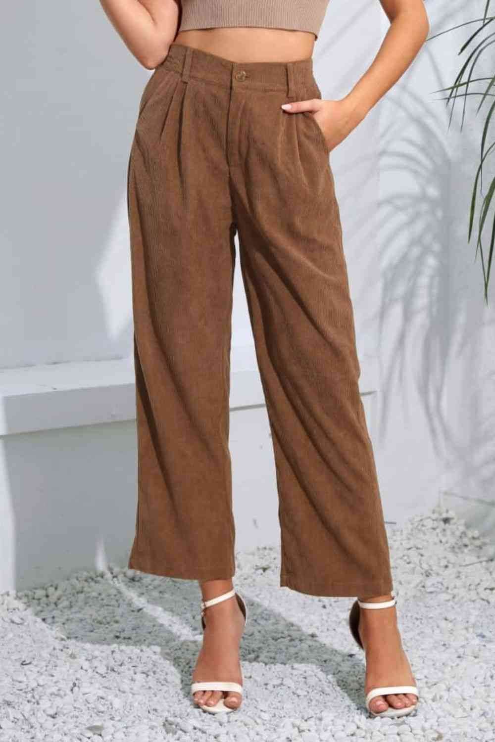 Buttoned Straight Hem Long Pants Mocha for a perfect OOTD – dress to impress outfits from Amexza