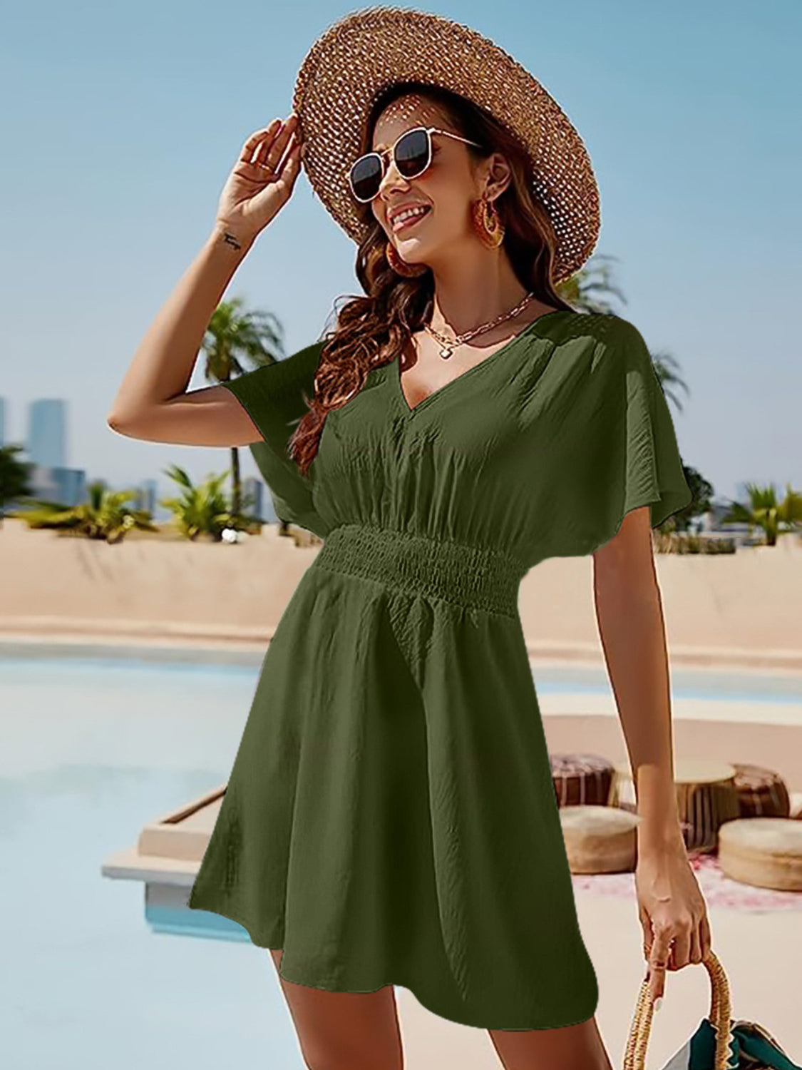 Smocked V-Neck Short Sleeve Dress - Matcha Green / S