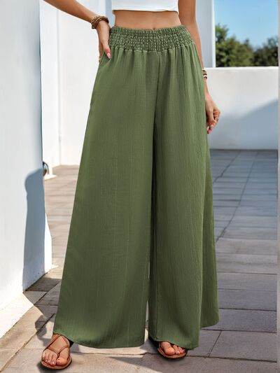 Perfee Smocked Wide Leg Pants Moss for a perfect OOTD – dress to impress outfits from Amexza