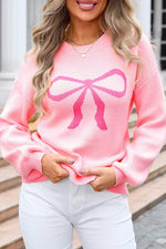 Bow Round Neck Long Sleeve Sweater Blush Pink for a perfect OOTD – dress to impress outfits from Amexza