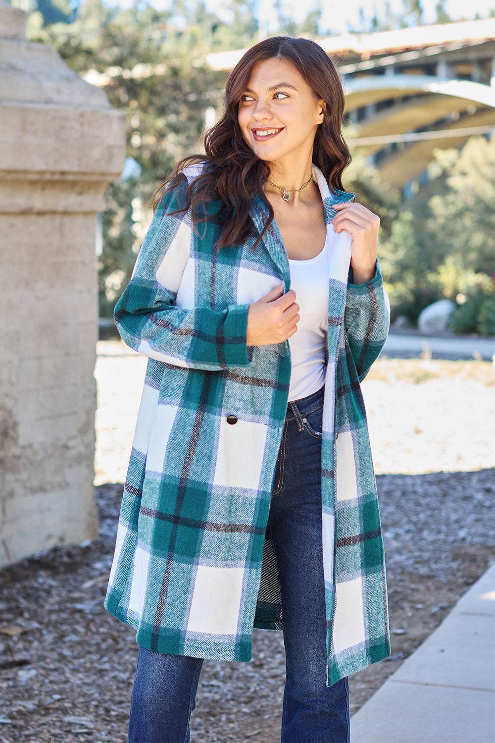 Double Take Full Size Plaid Button Up Lapel Collar Coat French Blue for a perfect OOTD – dress to impress outfits from Amexza