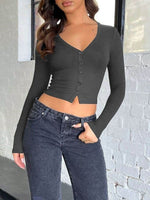 Buttoned V-Neck Long Sleeve T-Shirt - Amexza