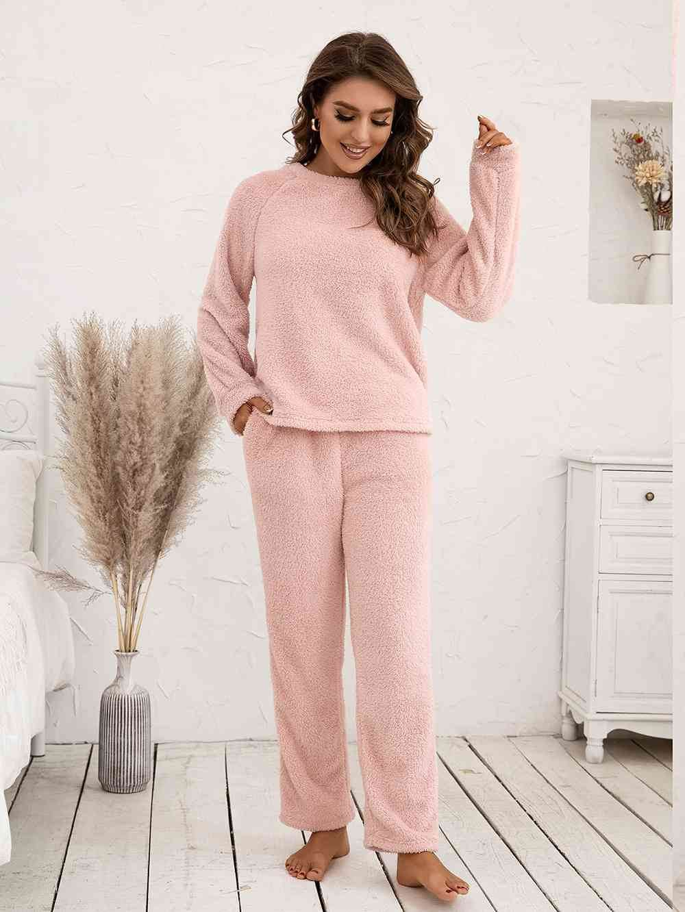 Ivy Lane Teddy Long Sleeve Top and Pants Lounge Set Watermelon pink for a perfect OOTD – dress to impress outfits from Amexza