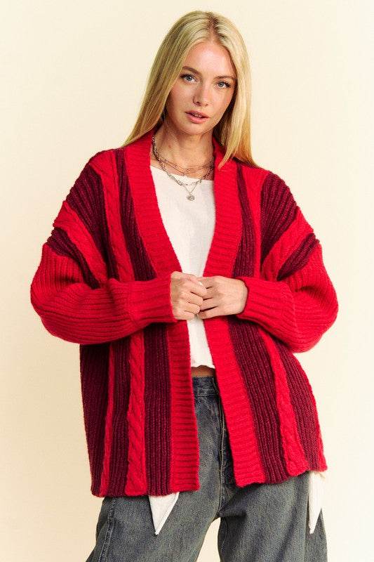 Davi & Dani Cable-Knit Color Block Open Front Cardigan Burgundy for a perfect OOTD – dress to impress outfits from Amexza