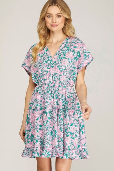 She + Sky Full Size Ruffled Hem Printed Surplice Kimono Sleeve Mini Dress Plus Size Turquoise for a perfect OOTD – dress to impress outfits from Amexza