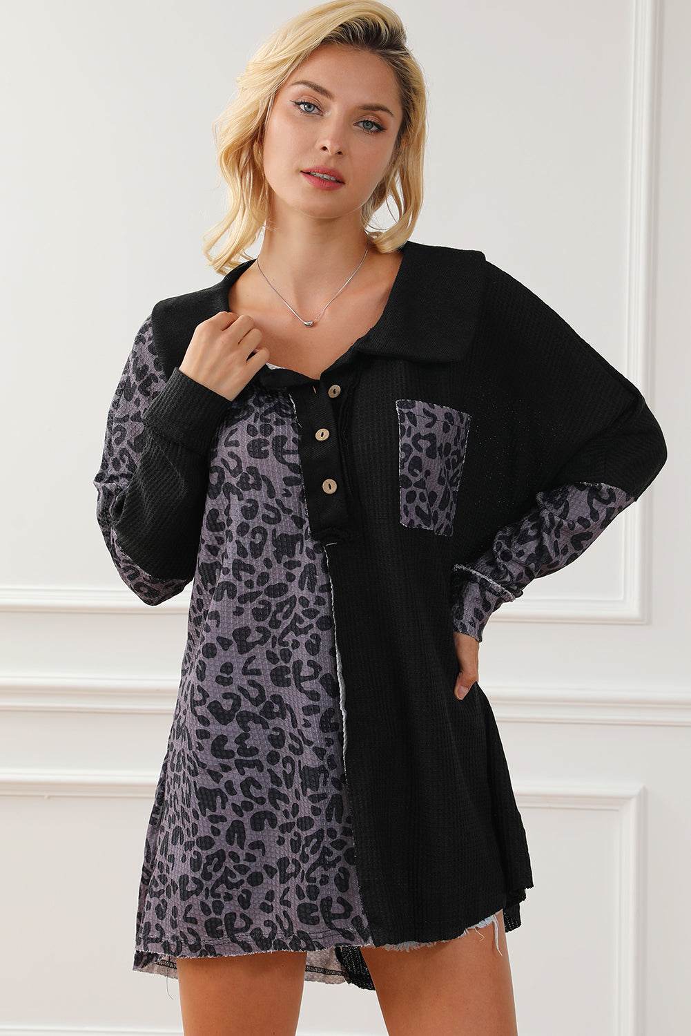 Half Button Leopard Collared Neck Blouse for a perfect OOTD – dress to impress outfits from Amexza