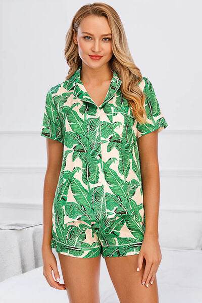 Printed Button Up Short Sleeve Top and Shorts Lounge Set Green for a perfect OOTD – dress to impress outfits from Amexza