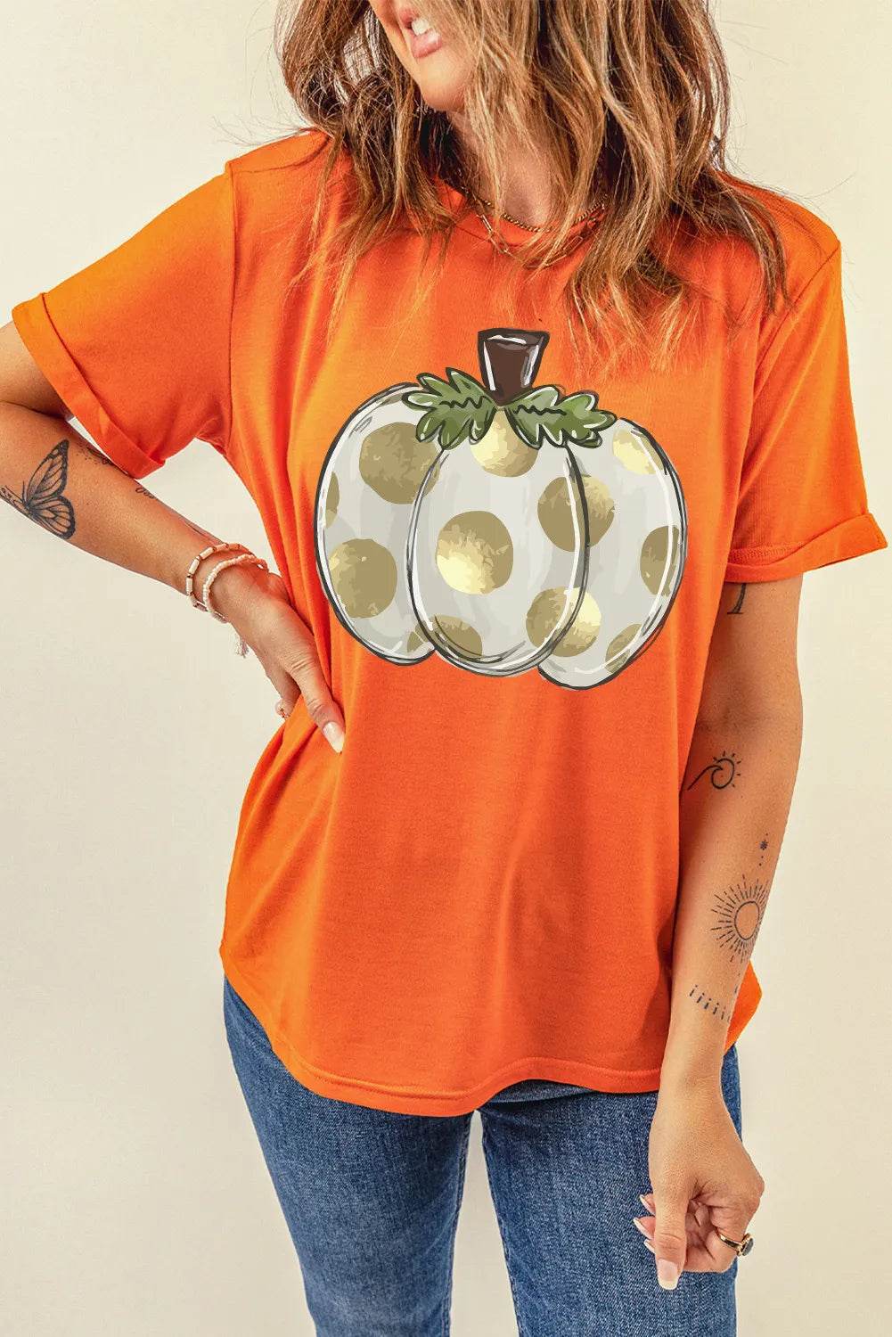 Pumpkin Graphic Round Neck Short Sleeve T-Shirt for a perfect OOTD – dress to impress outfits from Amexza