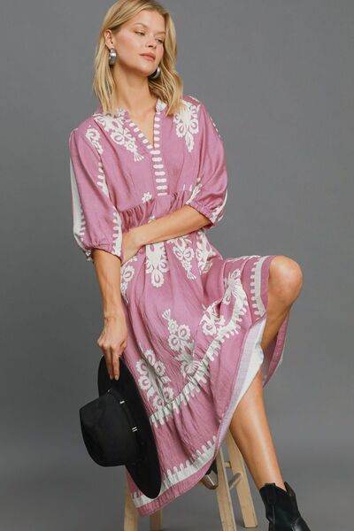 Umgee Printed Notched Midi Dress for a perfect OOTD – dress to impress outfits from Amexza