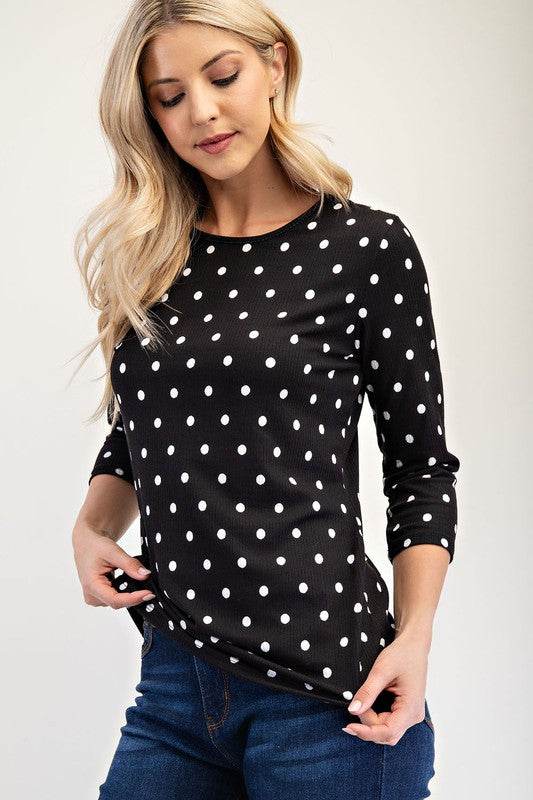 Celeste Full Size Polka Dot Round Neck Three-Quarter Sleeve T-Shirt for a perfect OOTD – dress to impress outfits from Amexza