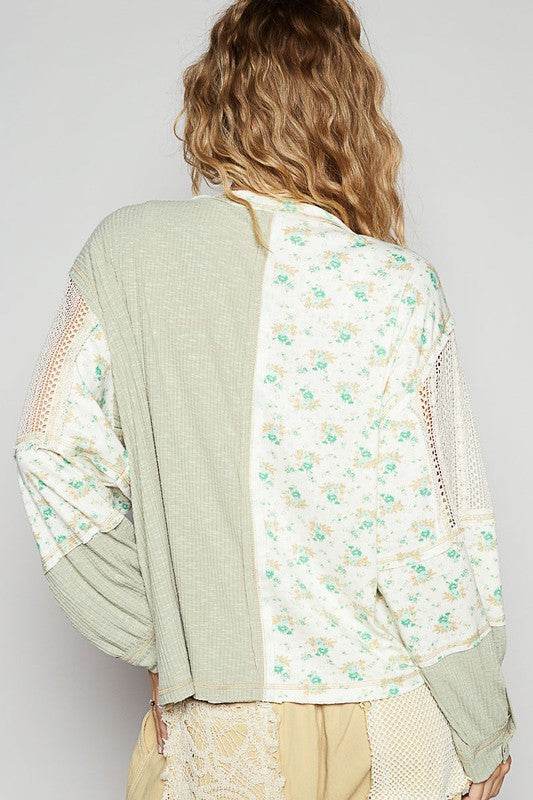 POL Floral Crochet Patch V-Neck Top - Amexza