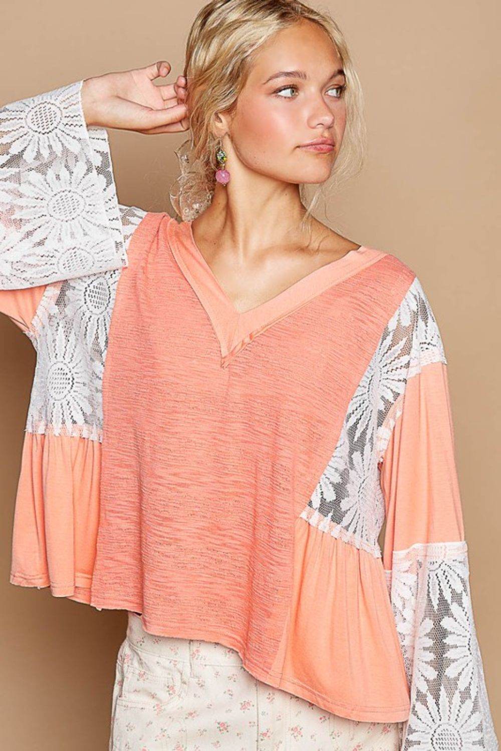 POL Lace Detail V-Neck Flare Sleeve Blouse Coral for a perfect OOTD – dress to impress outfits from Amexza