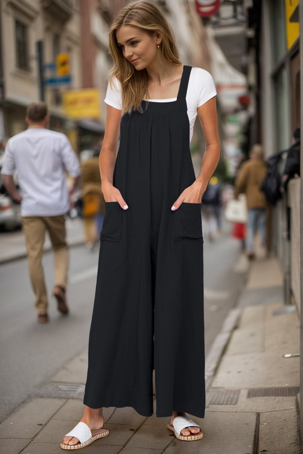 Double Take Full Size Wide Leg Overalls with Pockets Black for a perfect OOTD – dress to impress outfits from Amexza