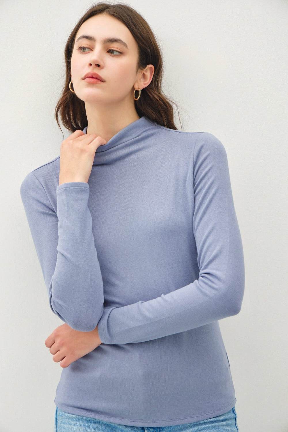 Be Cool Mock Neck Long Sleeve T-Shirt Vintage Blue for a perfect OOTD – dress to impress outfits from Amexza