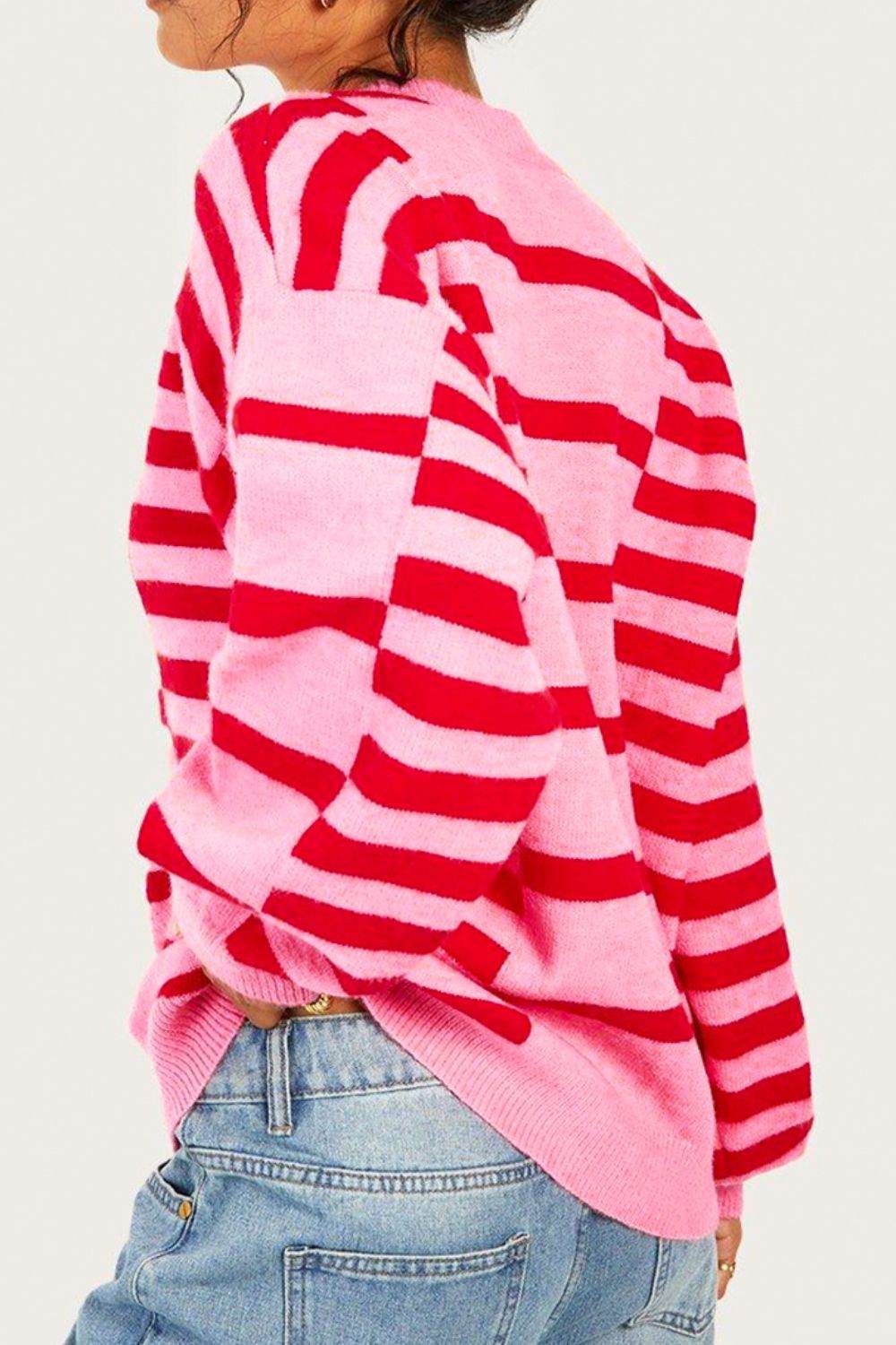 Striped Round Neck Dropped Shoulder Sweater for a perfect OOTD – dress to impress outfits from Amexza