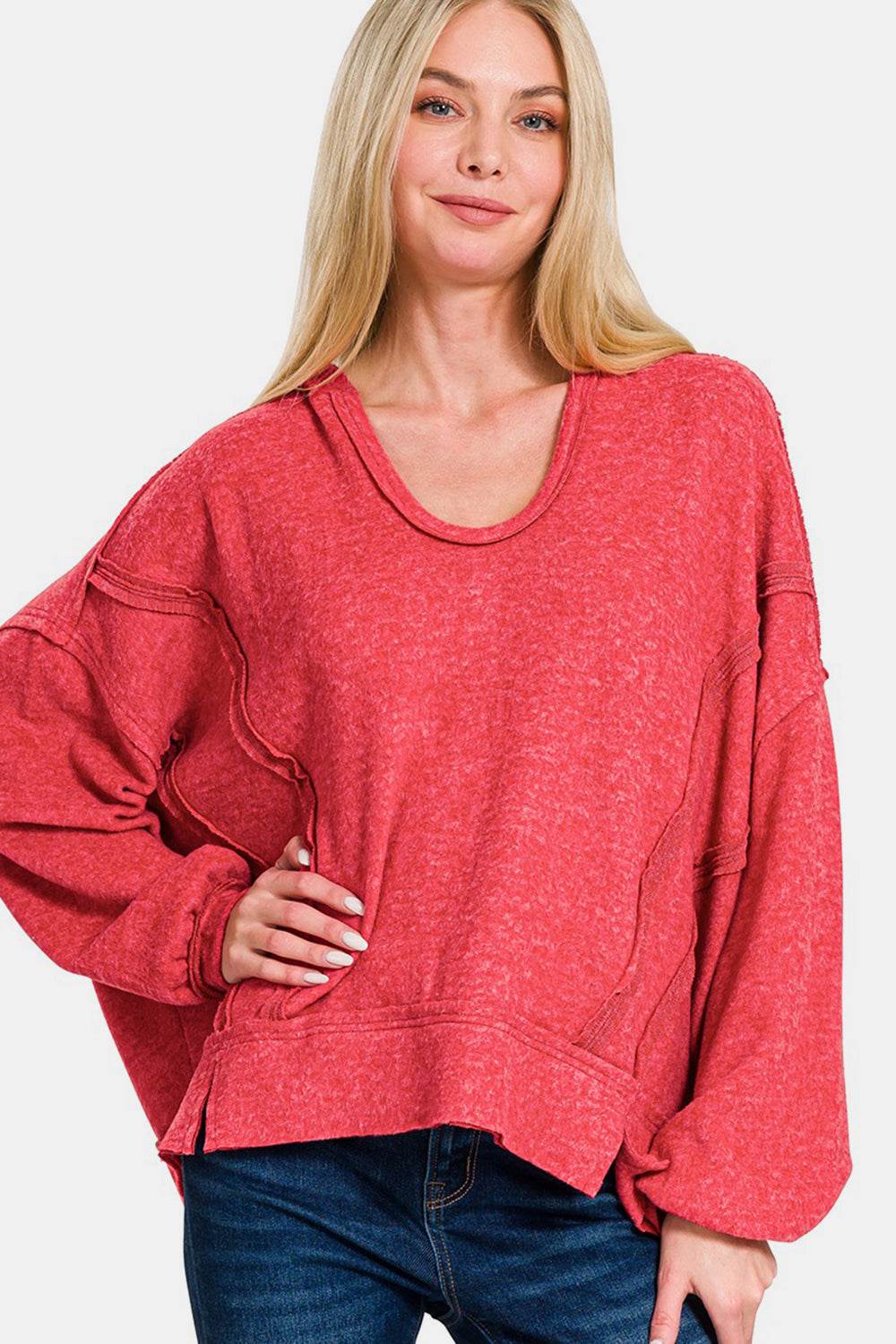 Zenana Brushed Hacci Exposed Seam Hoodie Red for a perfect OOTD – dress to impress outfits from Amexza