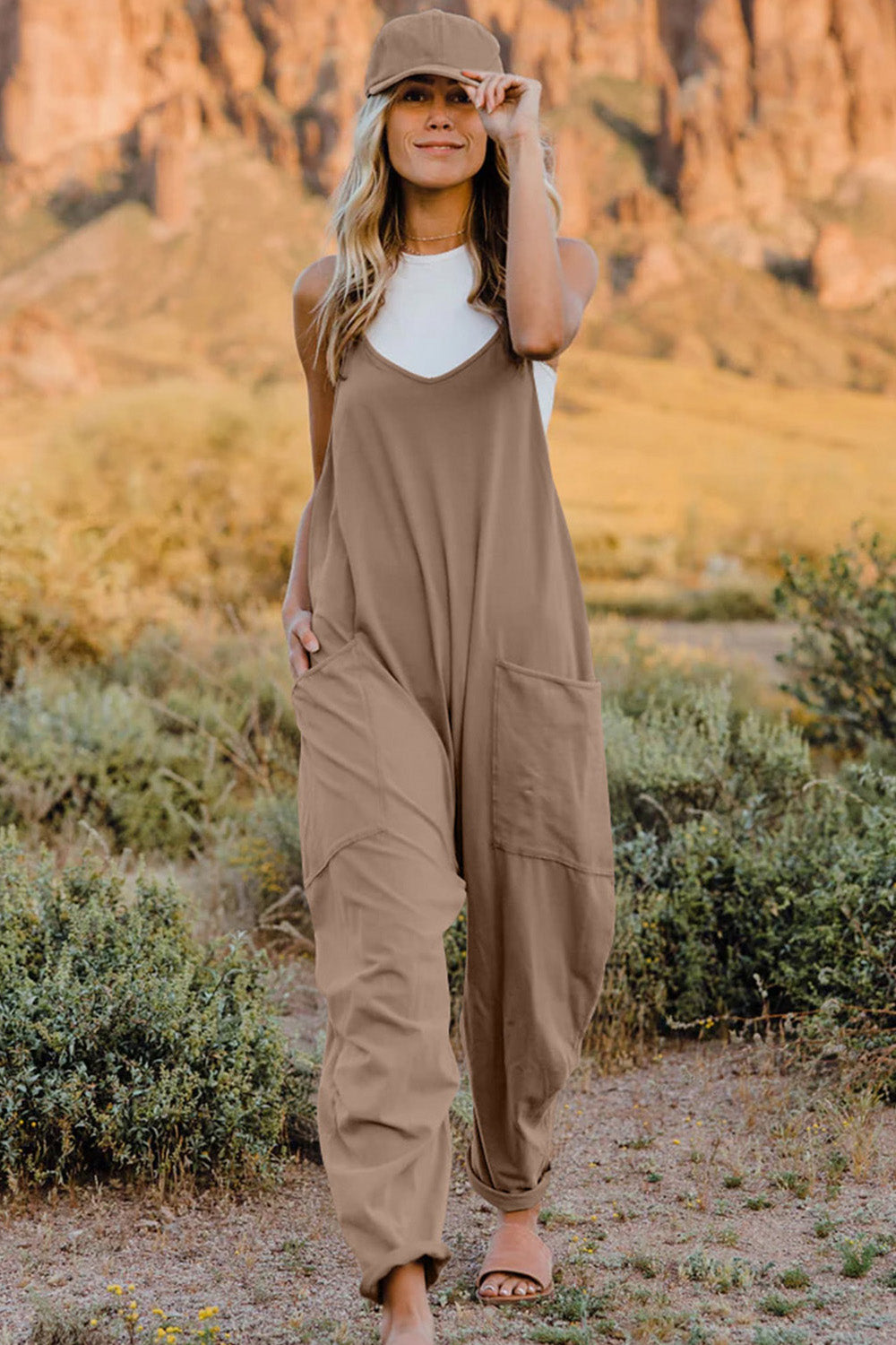 Double Take Full Size V-Neck Sleeveless Jumpsuit with Pockets Khaki for a perfect OOTD – dress to impress outfits from Amexza