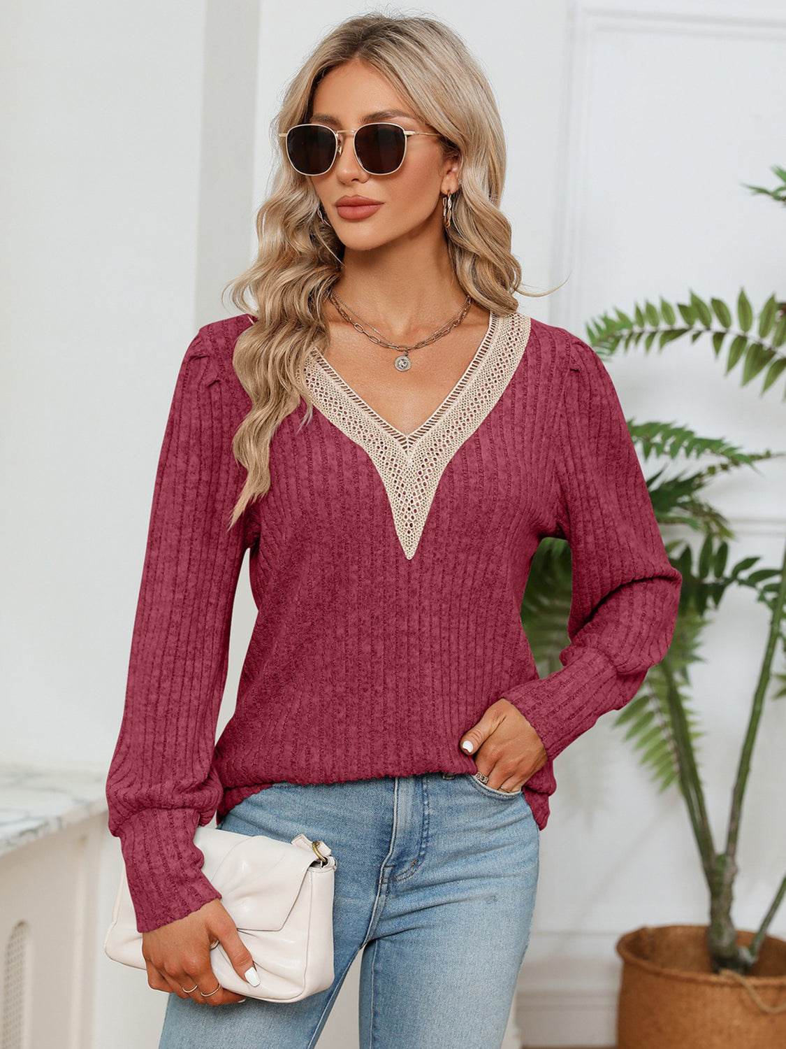 Lace Detail V-Neck Ribbed Blouse Brick Red for a perfect OOTD – dress to impress outfits from Amexza