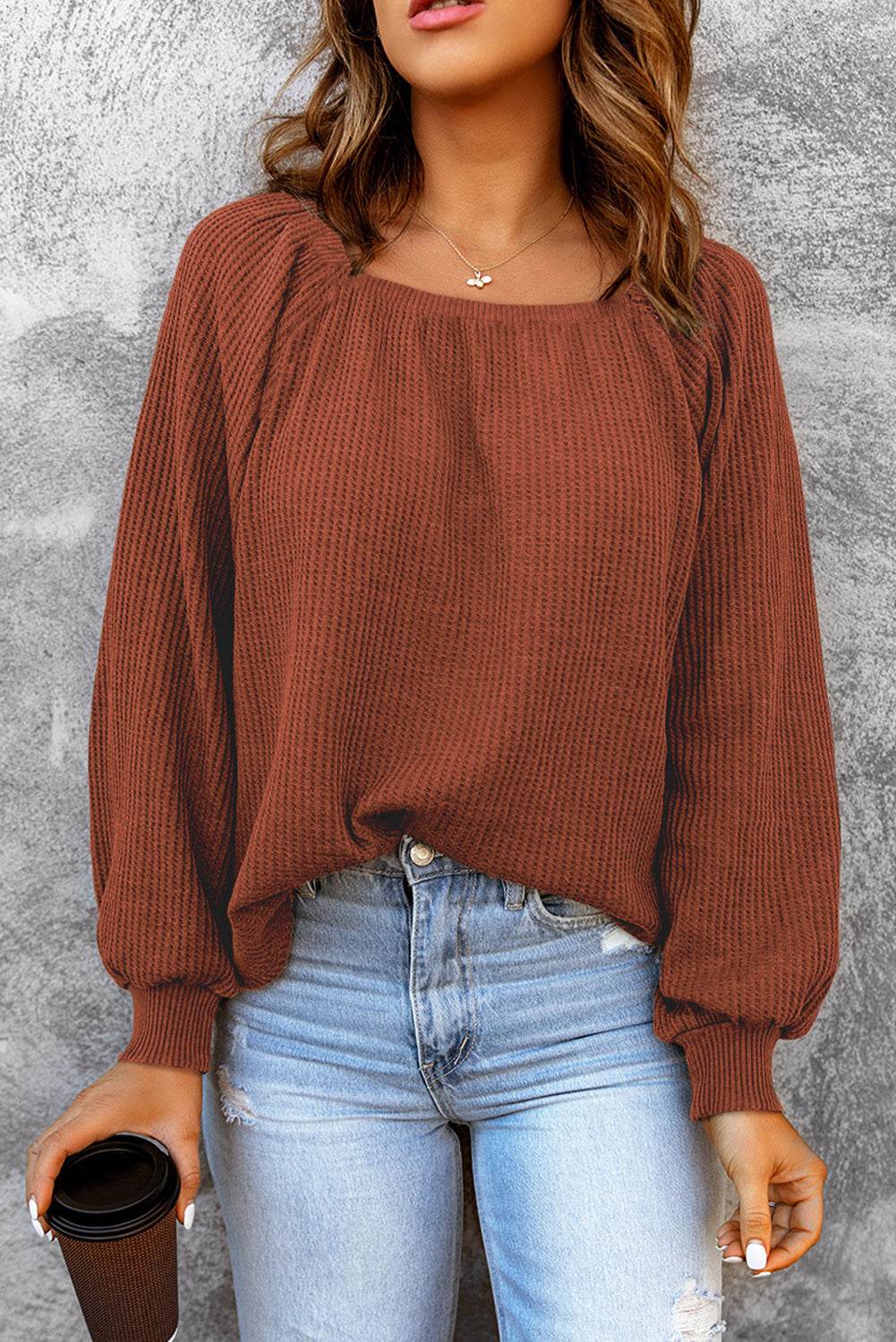 Square Neck Waffle-Knit Top Brick Red for a perfect OOTD – dress to impress outfits from Amexza