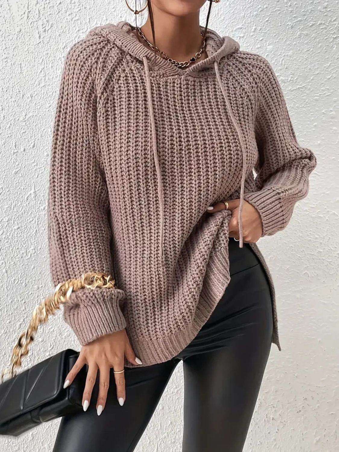 High-Low Side Slit Drawstring Long Sleeve Hooded Sweater for a perfect OOTD – dress to impress outfits from Amexza