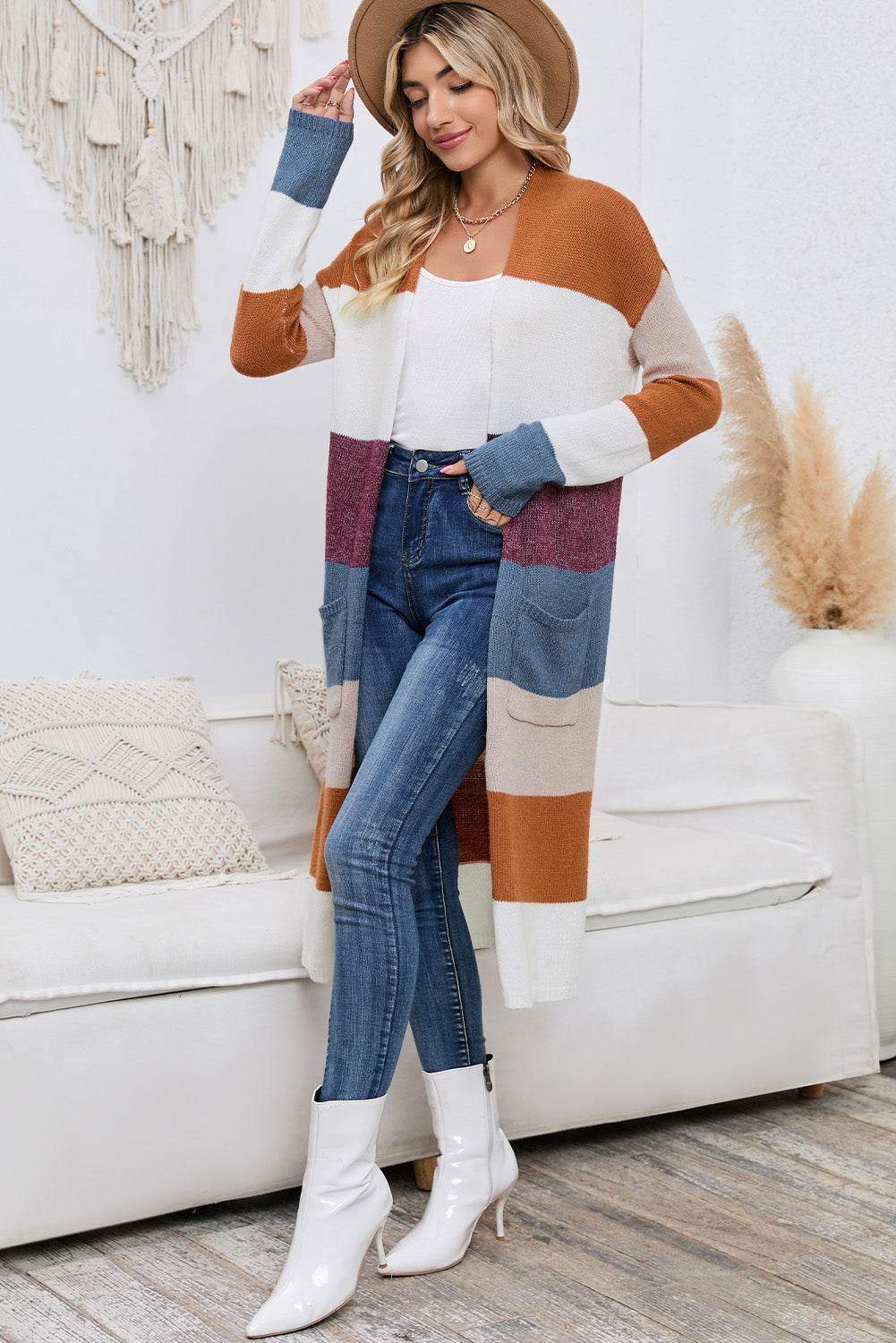 Long Color Block Open Front Pocketed Cardigan - Amexza