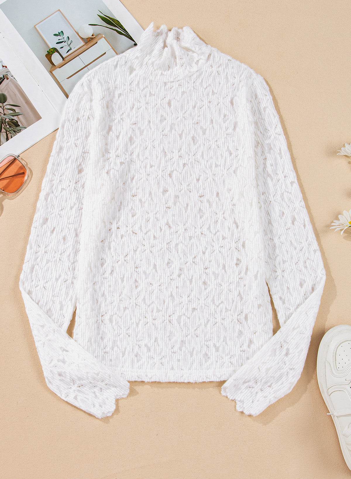 Flower Lace Mock Neck Long Sleeve Top for a perfect OOTD – dress to impress outfits from Amexza