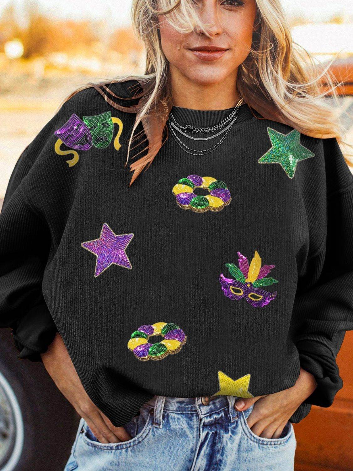 Sequin Round Neck Long Sleeve Sweatshirt - Amexza