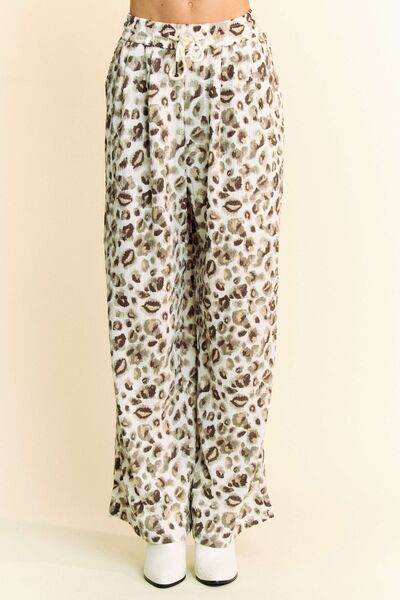 Davi & Dani Drawstring Leopard Wide Leg Pants - Amexza