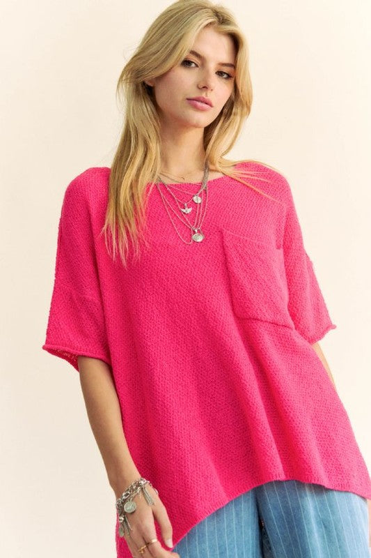 Davi & Dani Side Slit Round Neck Half Sleeve Knit Top MAGENTA PINK for a perfect OOTD – dress to impress outfits from Amexza