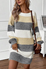 Color Block Boat Neck Long Sleeve Sweater Dress Dark Gray for a perfect OOTD – dress to impress outfits from Amexza