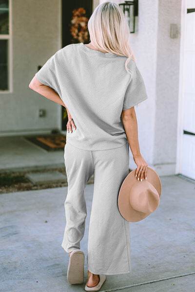 Double Take Full Size Texture Short Sleeve Top and Pants Set for a perfect OOTD – dress to impress outfits from Amexza