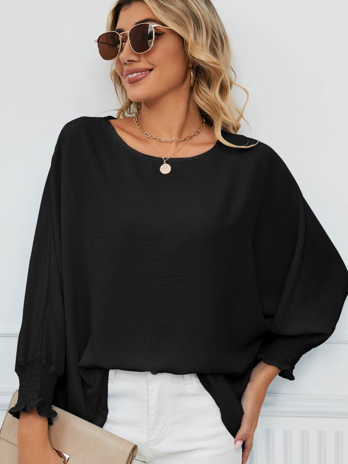 Smocked Lantern Sleeve Round Neck Blouse for a perfect OOTD – dress to impress outfits from Amexza