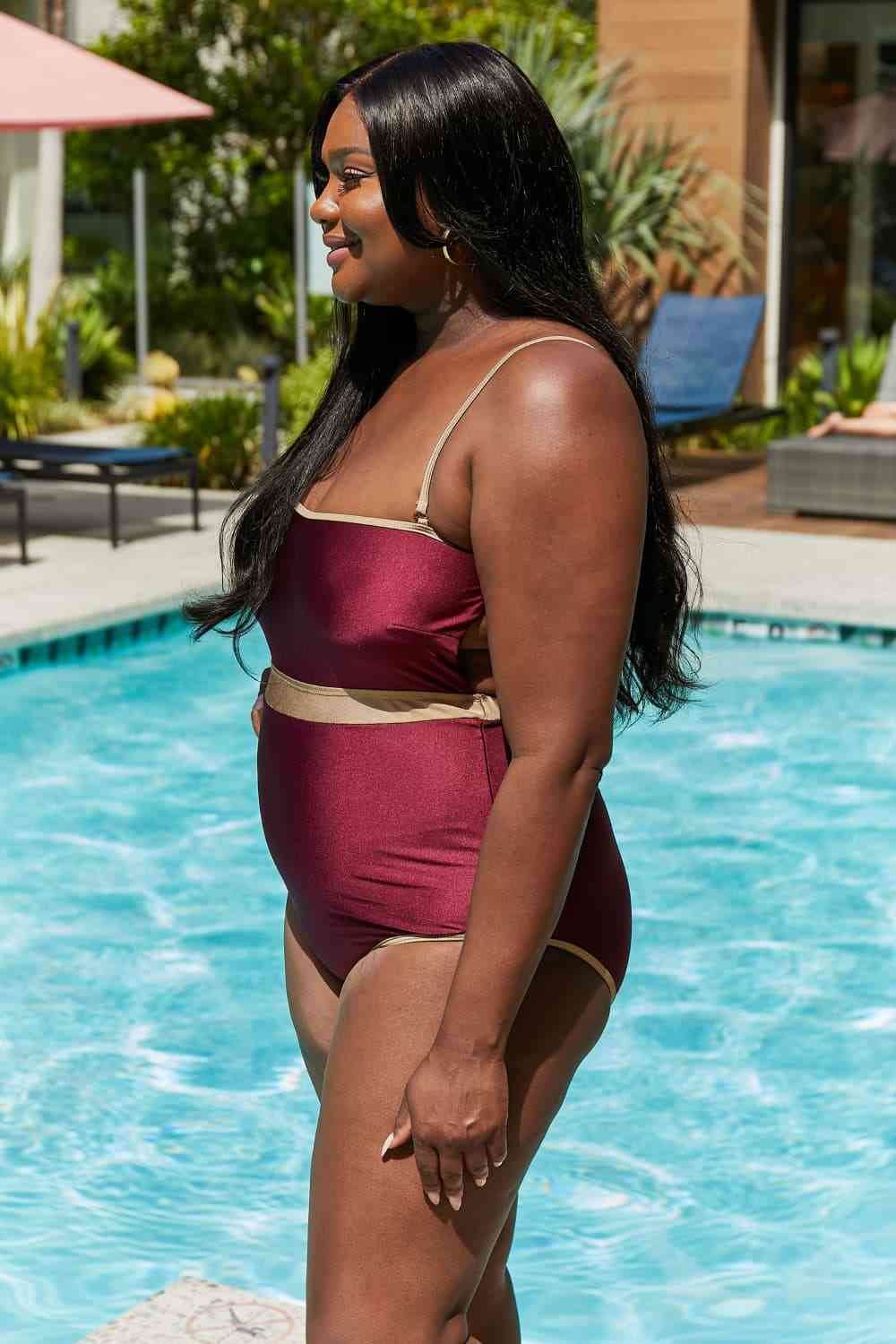 Marina West Swim Wave Break Contrast Trim One-Piece in Wine for a perfect OOTD – dress to impress outfits from Amexza