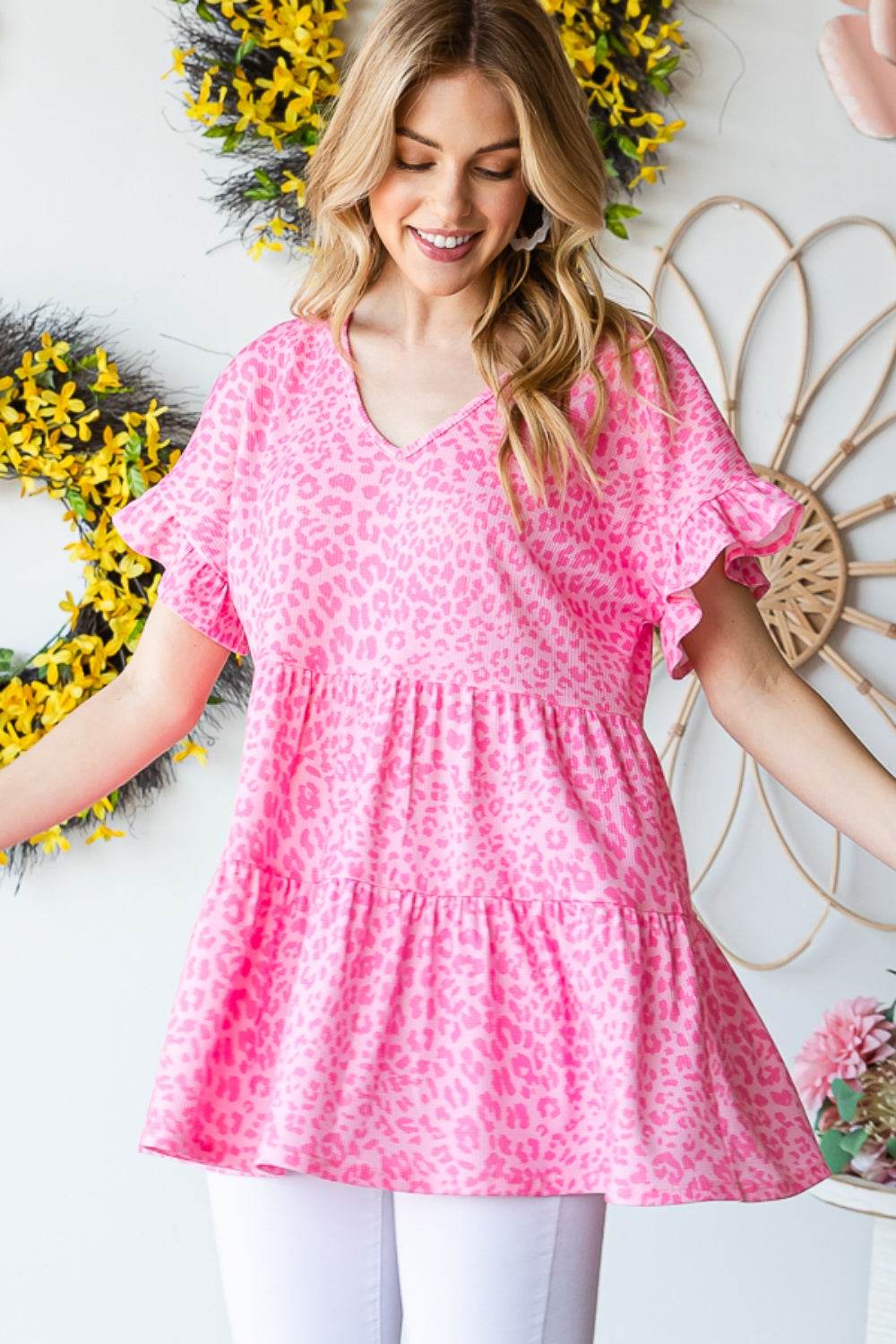 Heimish Full Size Leopard Ruffle Trim Short Sleeve Top PINK for a perfect OOTD – dress to impress outfits from Amexza