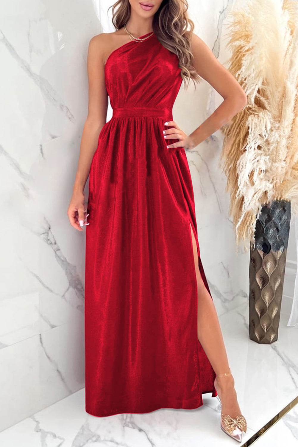 One Shoulder Slit Ruched Maxi Dress Red for a perfect OOTD – dress to impress outfits from Amexza